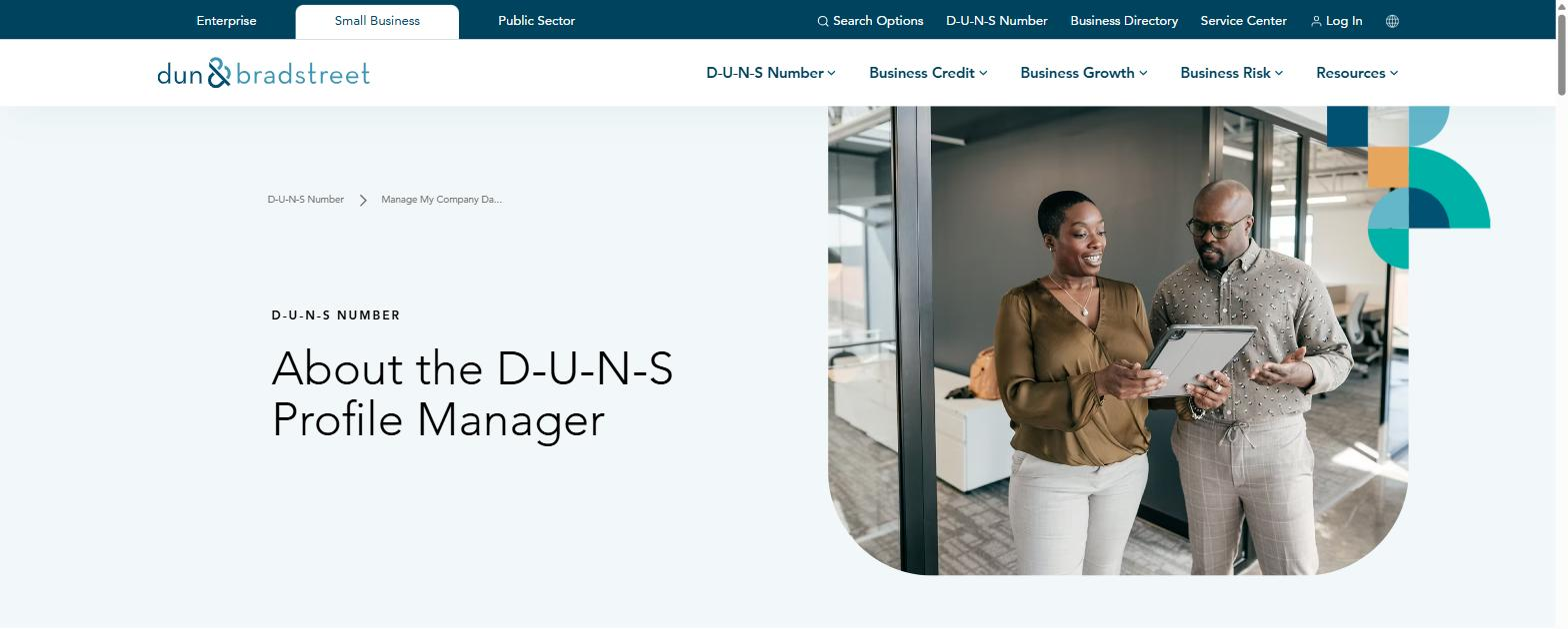 Screenshot of Dun & Bradstreet's public D-U-N-S Profile Manager page