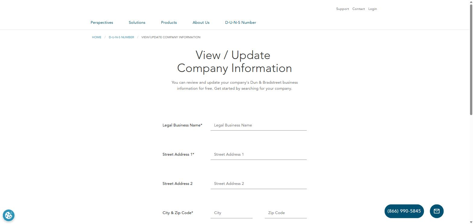 Screenshot of the D&B View/Update Company Information search form